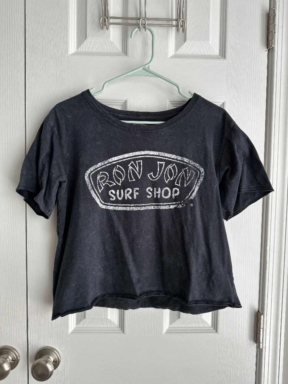 Ron Jon Surf Shop Distressed Graphic Crop T-Shirt Black Faded Surf Tee